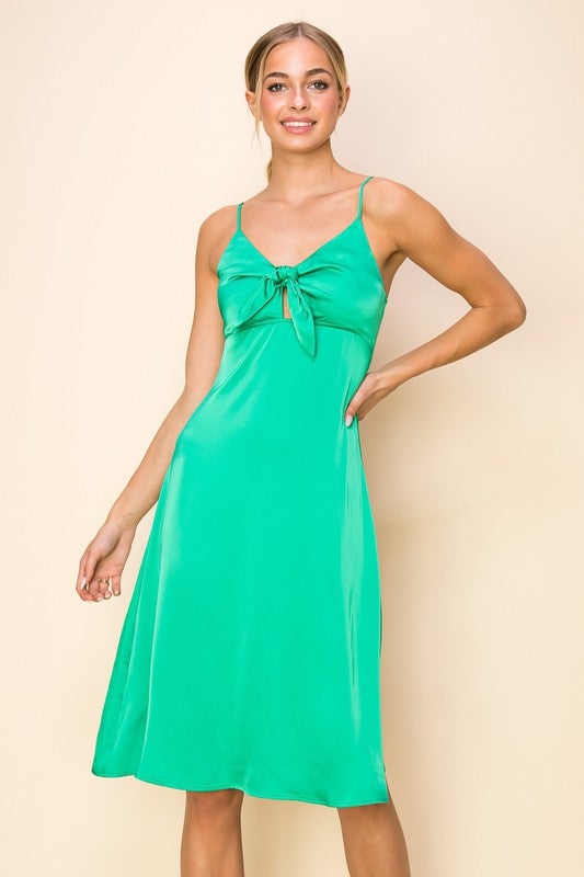 green silk tie dress Green Satin Dress - Tie-Front Pleated Dress - Backless Maxi Dress